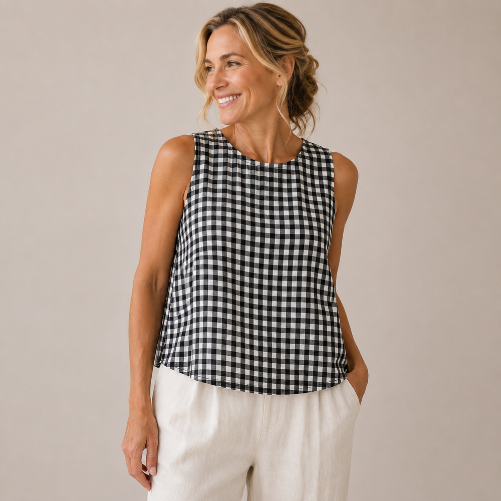 Women's Tube Top | Gingham Print Crew Neckline Sleeveless