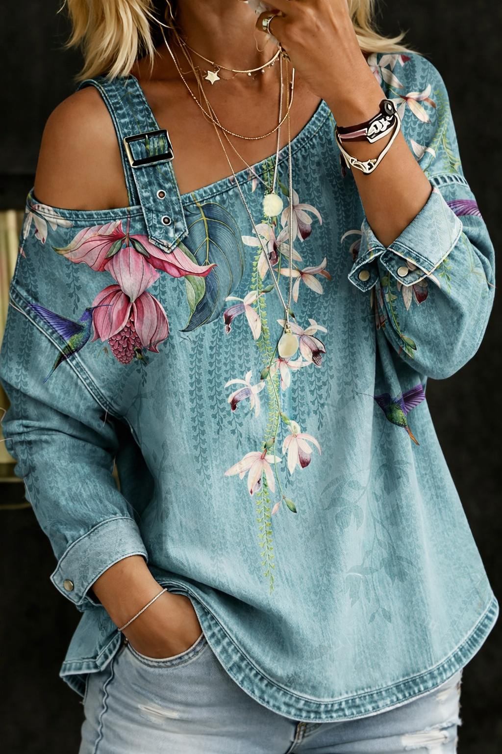 Women's Off The Shoulder Top | Floral Print Long Sleeve Denim