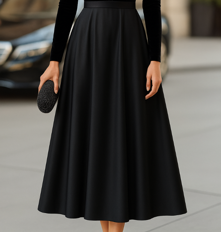 Women's Black Dress | Mock Neck Long Sleeve Velvet Satin Midi