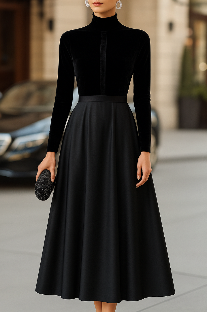 Women's Black Dress | Mock Neck Long Sleeve Velvet Satin Midi