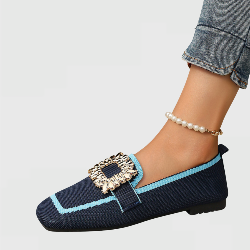 Women's Loafers | Square Toe Jeweled Buckle Knit Flat