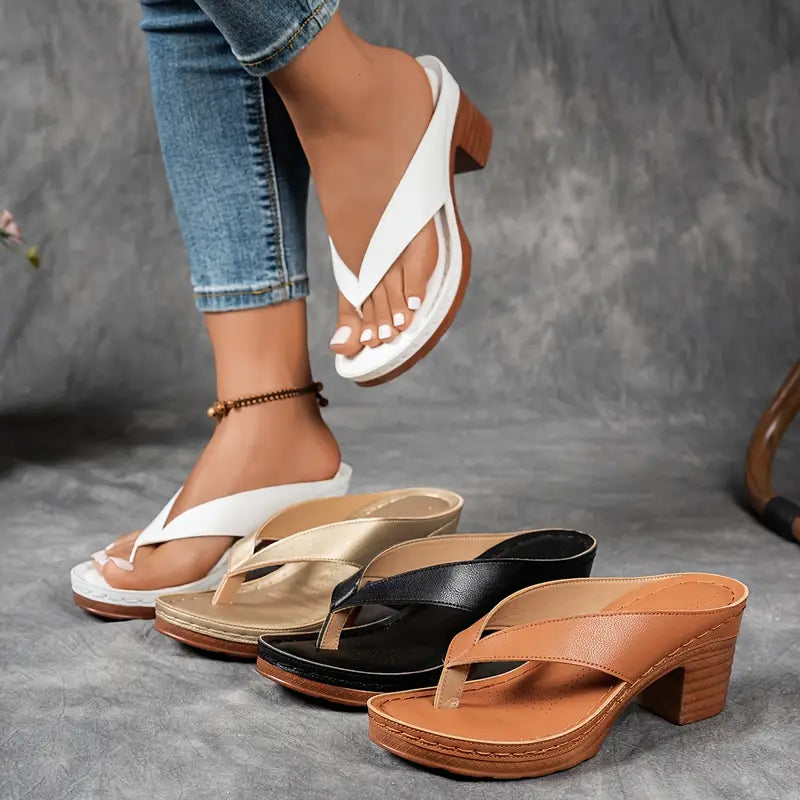 Gold Heels For Women | Thong Toe Block Heel Platform Sandals
