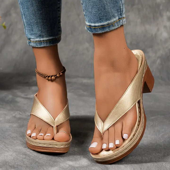 Gold Heels For Women | Thong Toe Block Heel Platform Sandals