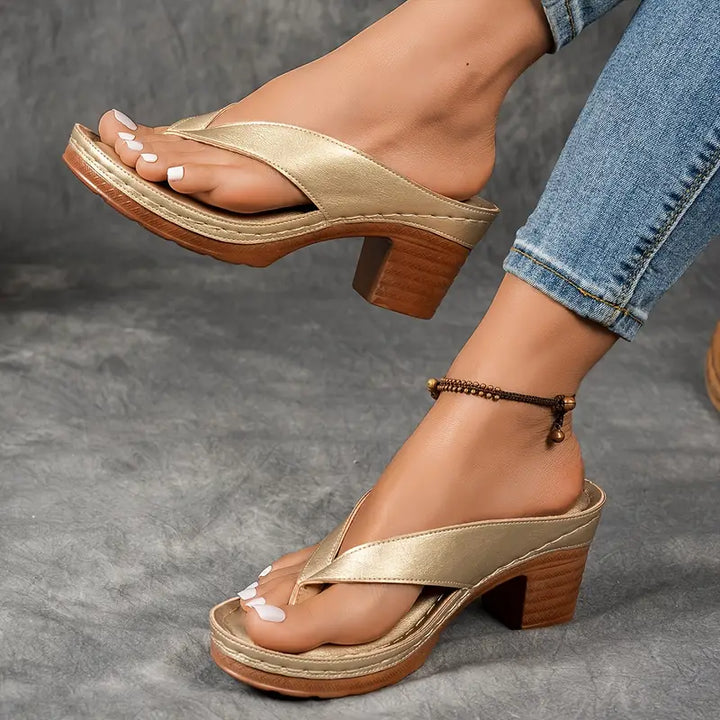 Gold Heels For Women | Thong Toe Block Heel Platform Sandals