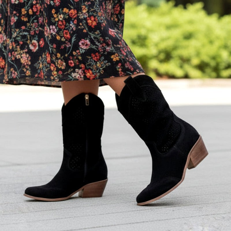 Women's Female Cowboy Boots | Perforated Pointed Toe Block Heel Zip