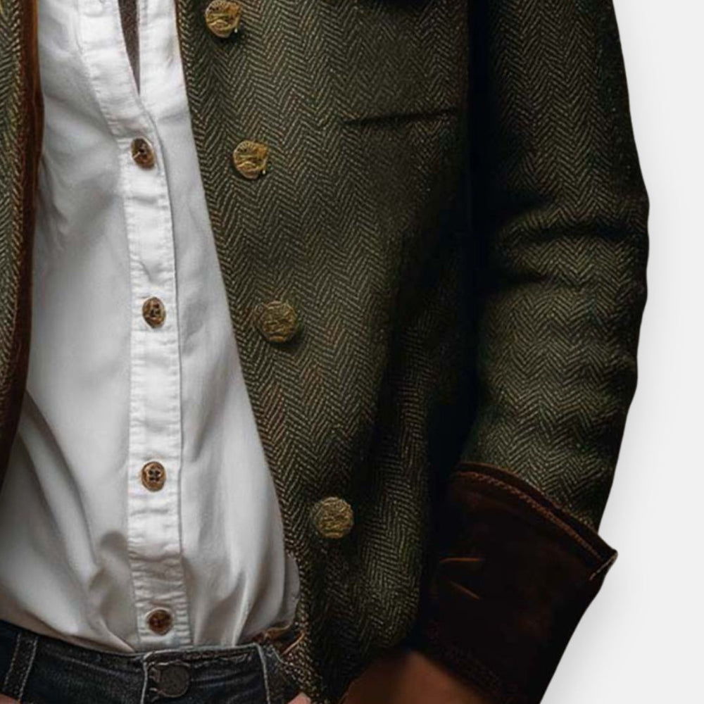 Women's Jacket | Herringbone Tweed Stand Collar Buttoned Contrast Cuff
