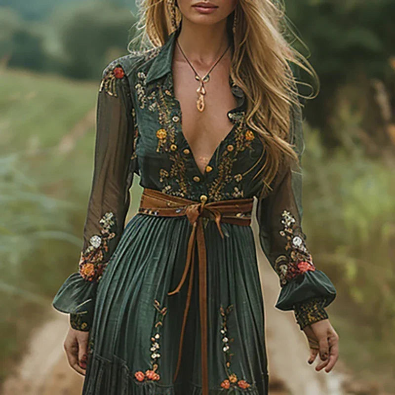 Women's Party Dress | Maxi V-Neck Long Sleeve Embroidered