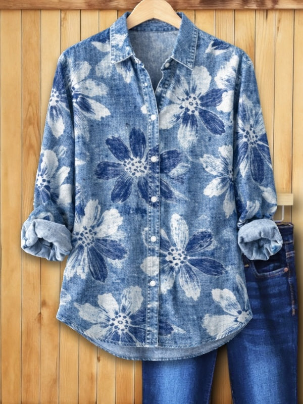 Women's Long Sleeve Shirt | Floral Print Denim Button-Front Relaxed Fit