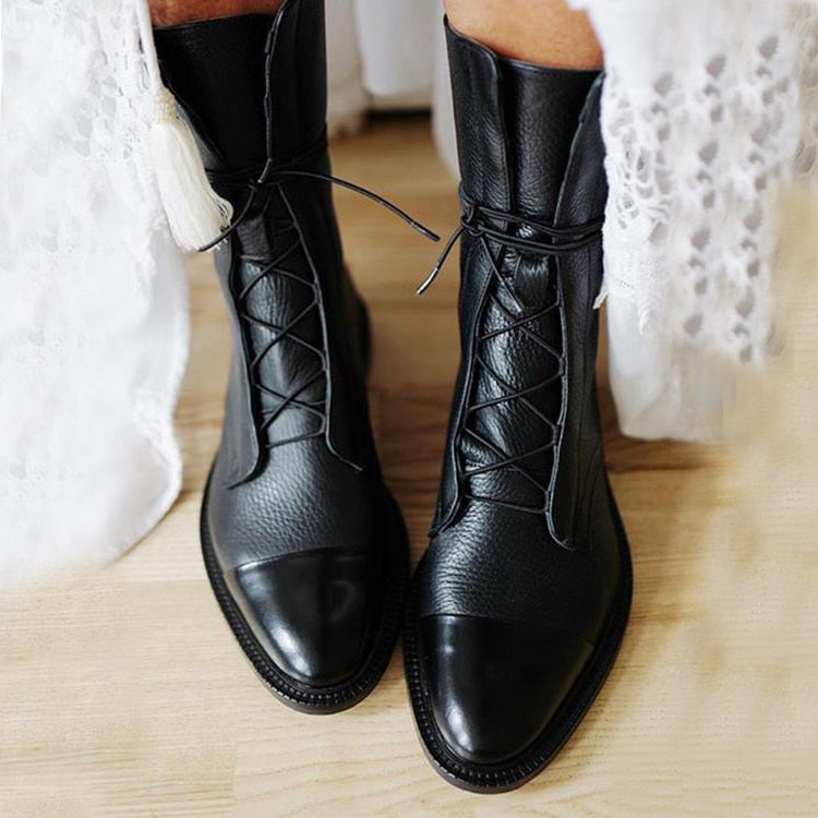 Women's Boots | Cap Toe Lace Up Leather Block Heel