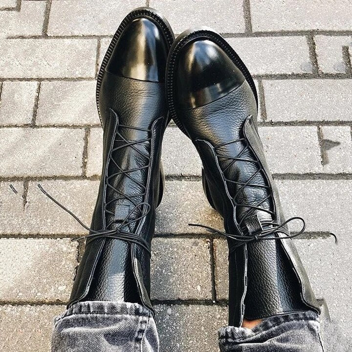 Women's Boots | Cap Toe Lace Up Leather Block Heel