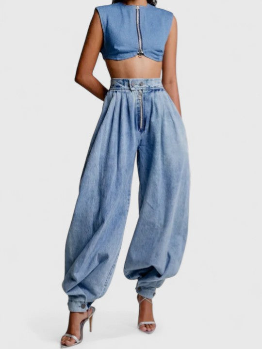 Women's Baggy Jeans | High Waist Zip Front Wide Leg Pleated