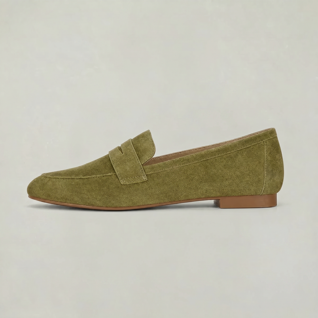 Women's Penny Loafers | Almond Toe Suede Slip-On Low Heel