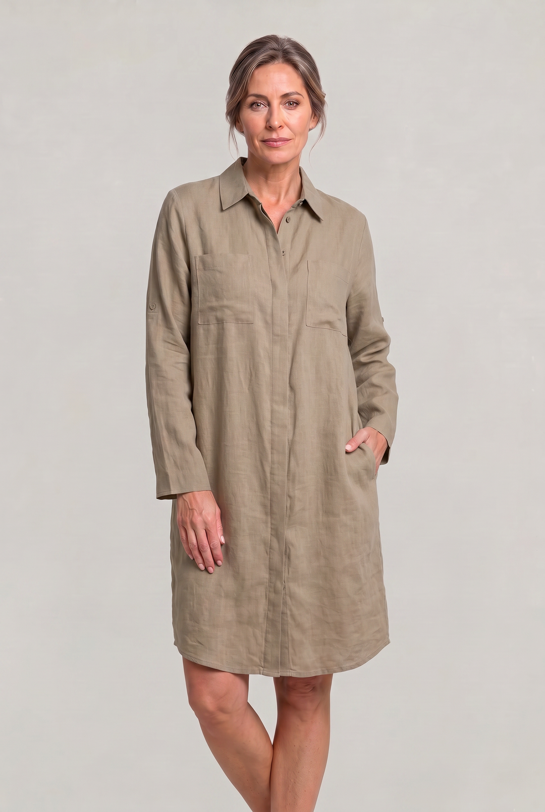 Women's Long Sleeve Dress | Midi Collared Button Down Linen