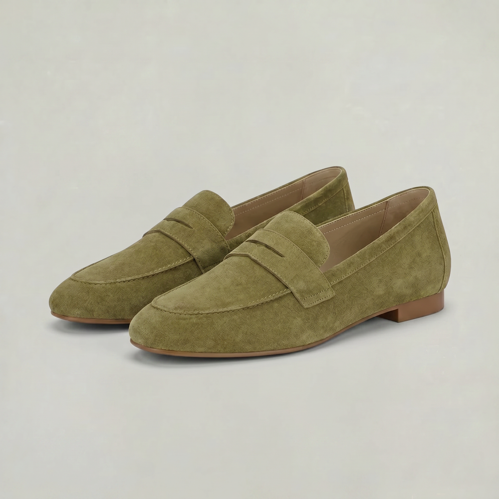 Women's Penny Loafers | Almond Toe Suede Slip-On Low Heel