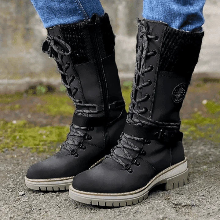 Women's Waterproof Boots | Lace Up Knit Cuff Buckle Strap Mid Calf