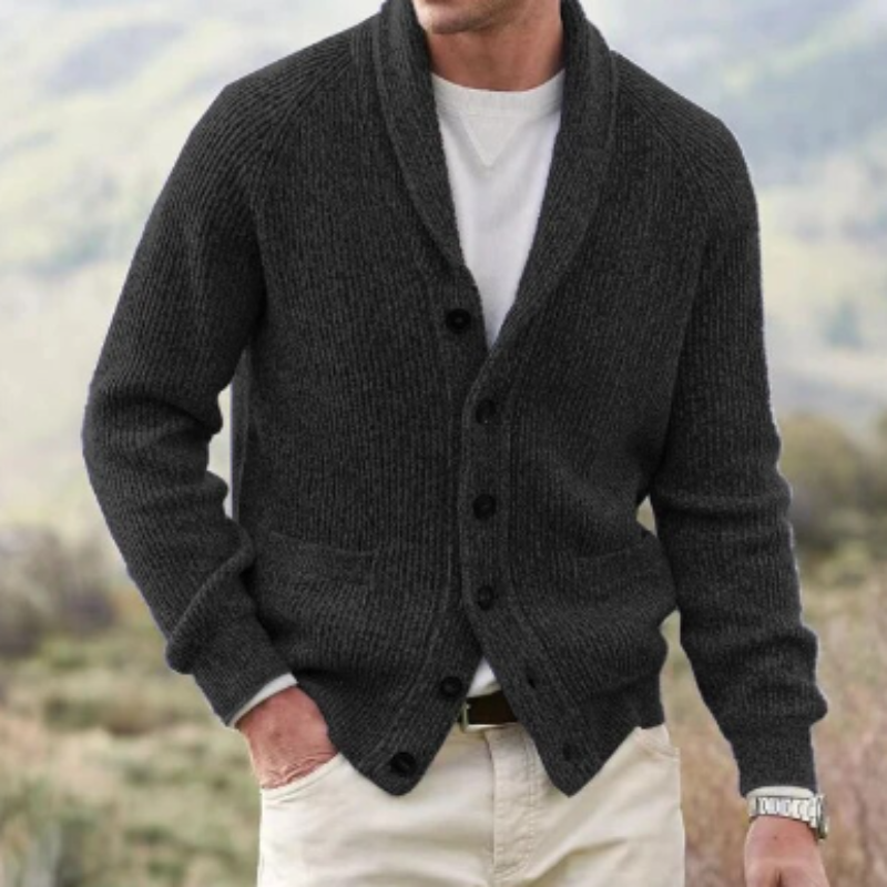 Men's Cardigan | Shawl Collar Ribbed Knit Button Closure Wool Blend