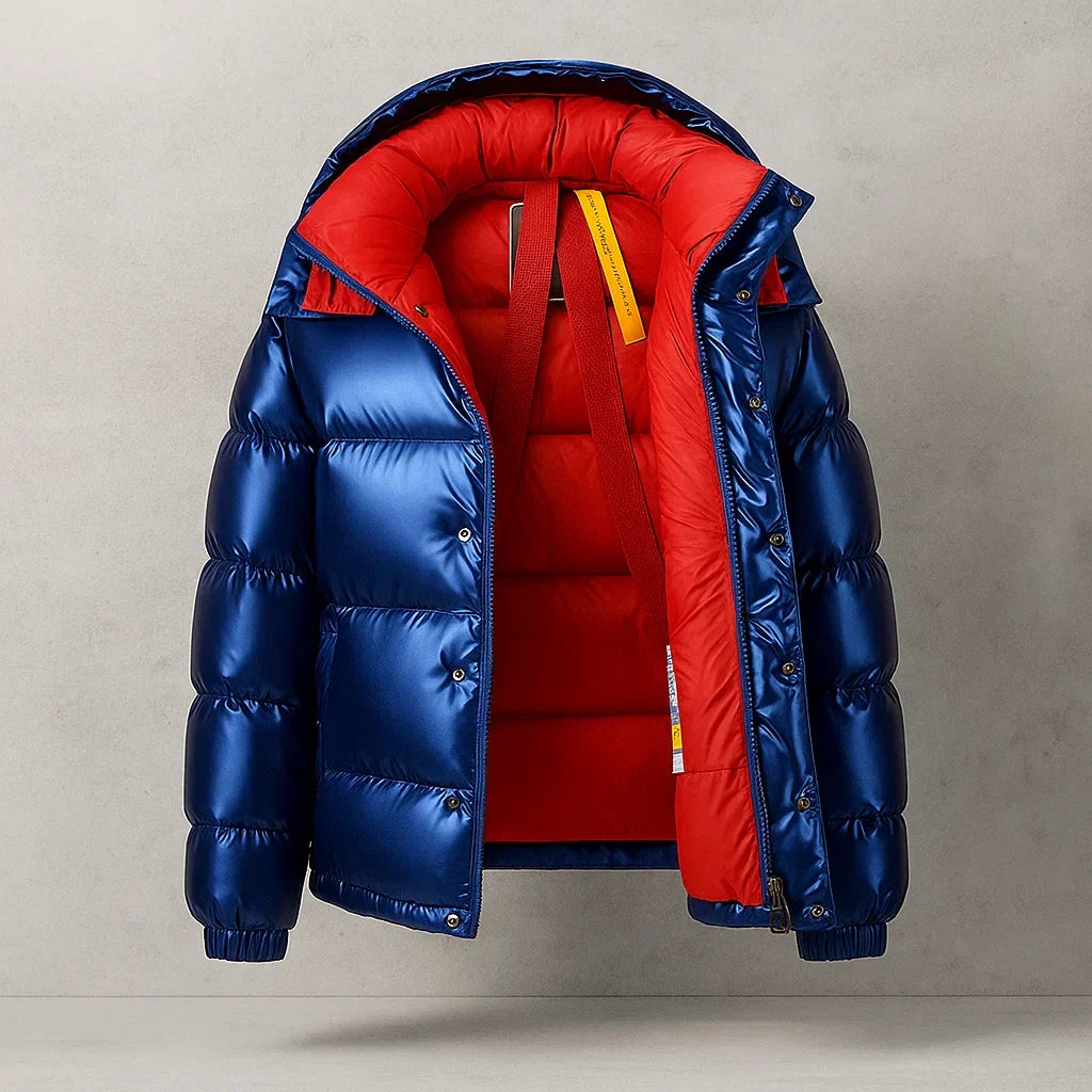 Men's Puffer Jacket | Hooded Full Zip Padded Glossy Shell