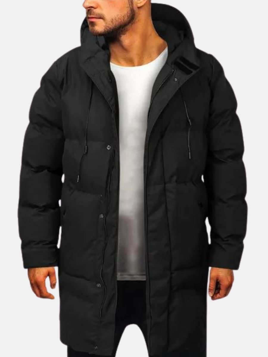 Men's Puffer Jacket | Hooded Long Length Drawstring Zip Closure