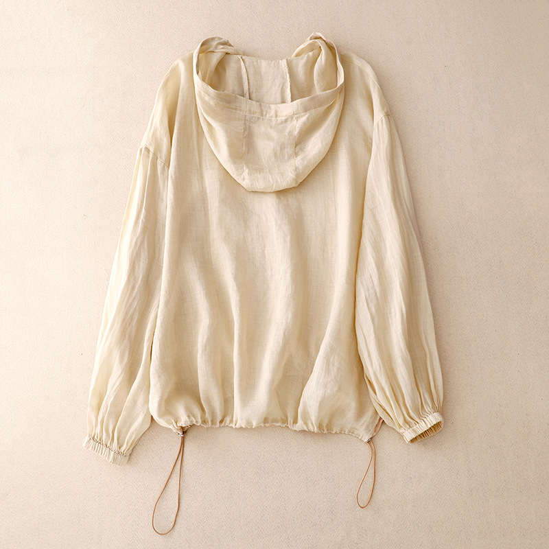 Women's Sweatshirt | Hooded Balloon Sleeve Linen Drawstring Hem