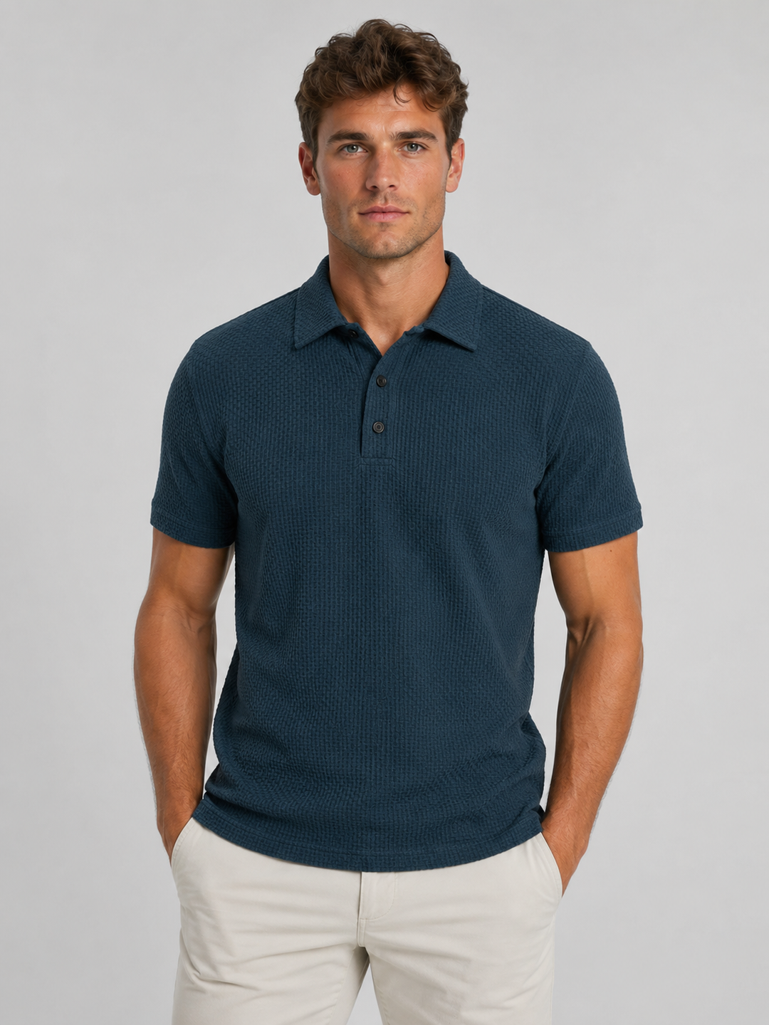 Men's Textured Shirt | Polo Collar Button Placket Short Sleeve Knit