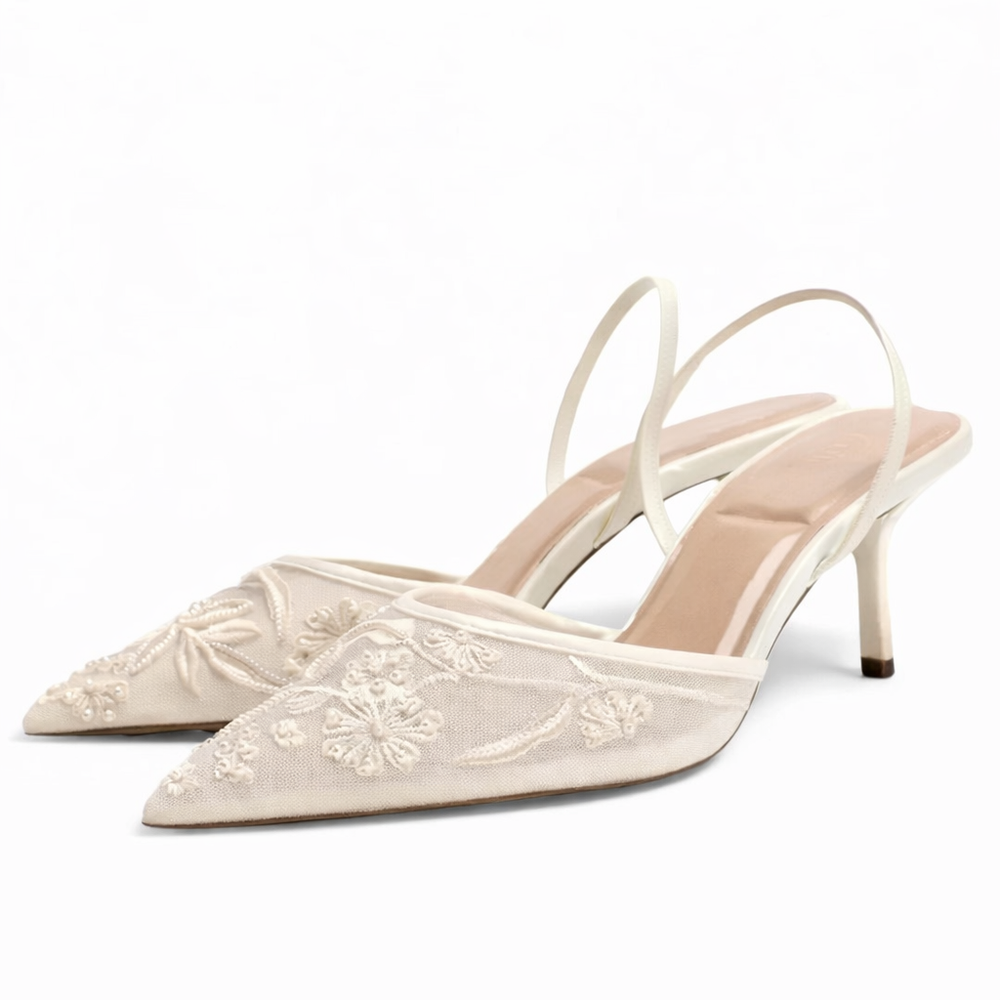 Women's Mules | Pointed Toe Embroidered Mesh Slingback