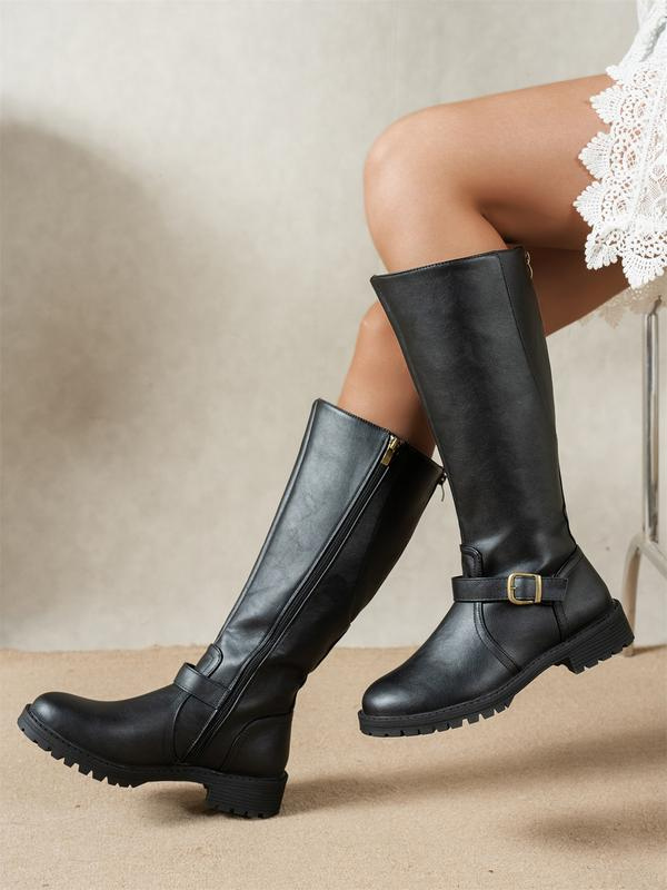Women's Black Boots | Knee High Round Toe Buckle Low Heel
