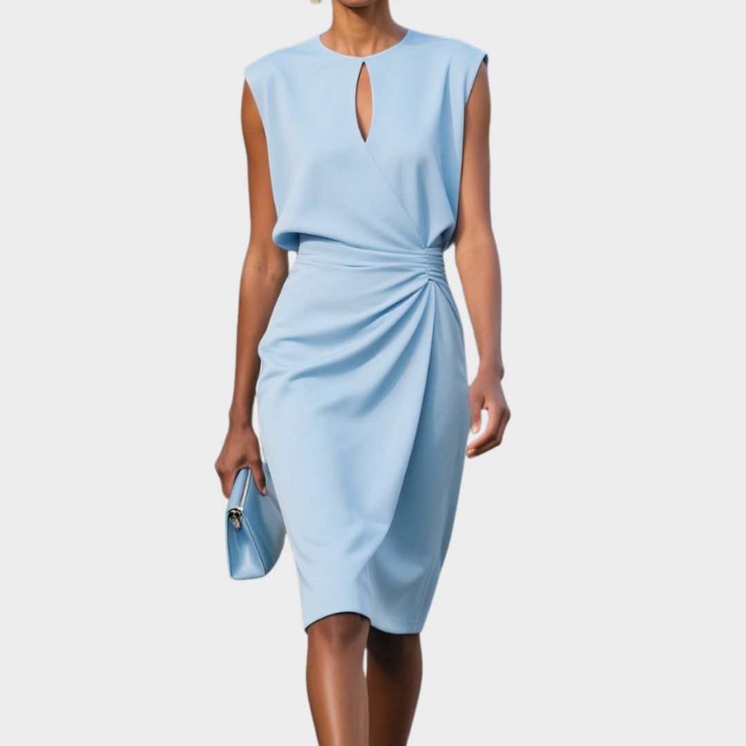 Women's Knee Length Cocktail Dress | Keyhole Wrap Draped Sleeveless