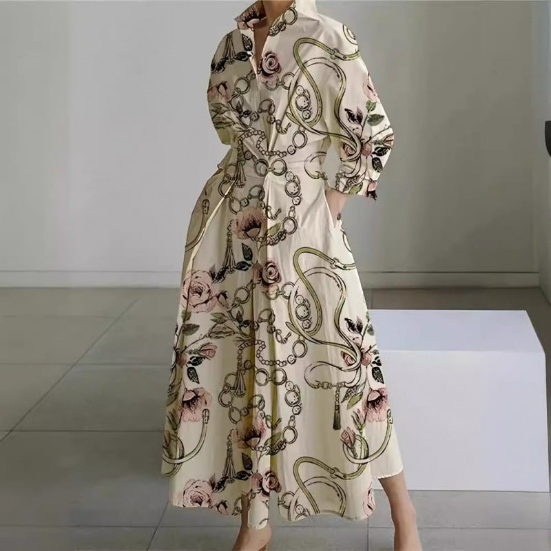 Women's Maxi Dress | Front Wrap Collared Long Sleeve Printed