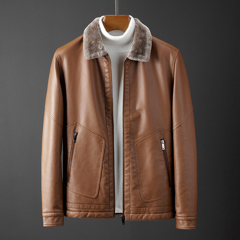 Men's Leather Jacket | Shearling Collar Long Sleeve Zip Closure