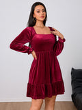 Women's Christmas Dress | Square Neck Long Puff Sleeves Velvet Tiered