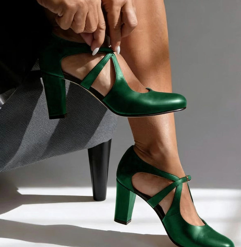Women's Heels | Round Toe Block Heel Cutout Strap Leather