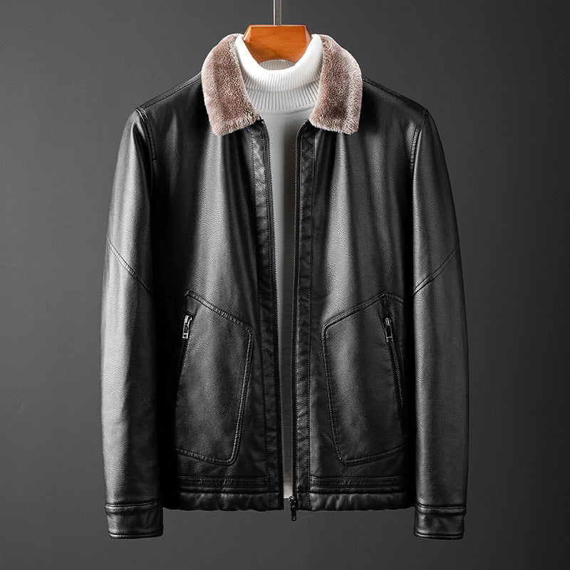 Men's Leather Jacket | Shearling Collar Long Sleeve Zip Closure