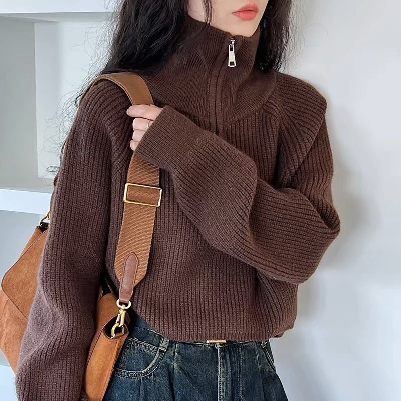 Women's Quarter Zip Sweater | Ribbed Knit Long Sleeve Relaxed Fit