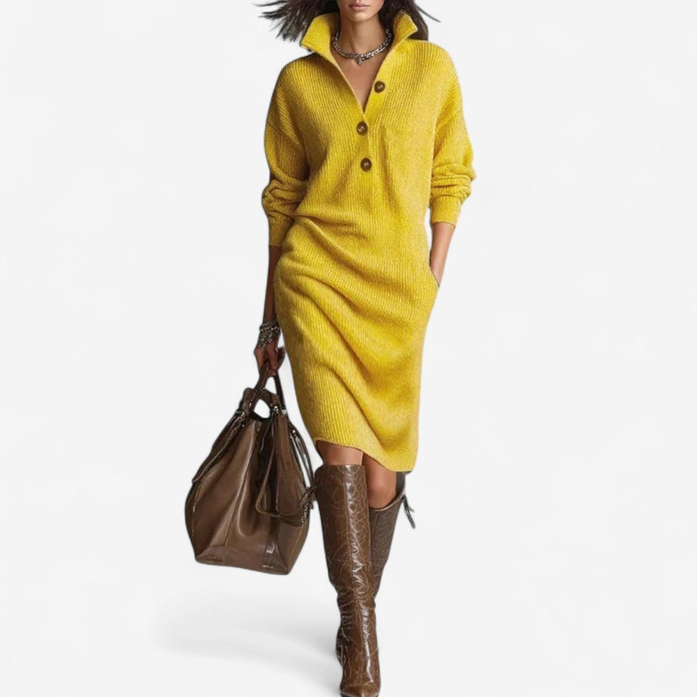 Women's Sweater Dress | Midi Collared Button Placket Knit