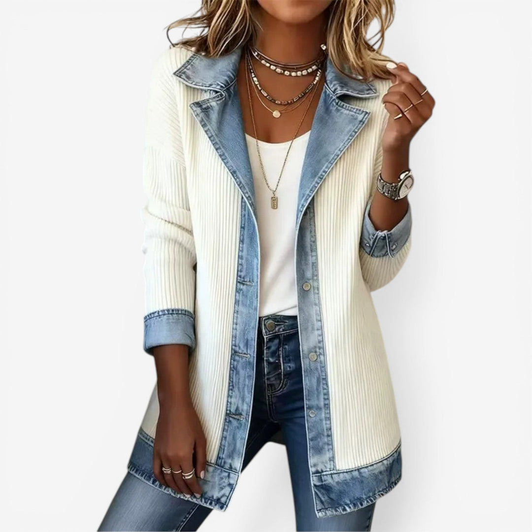 Women's Jacket | Notched Collar Long Sleeve Knit Denim Trim