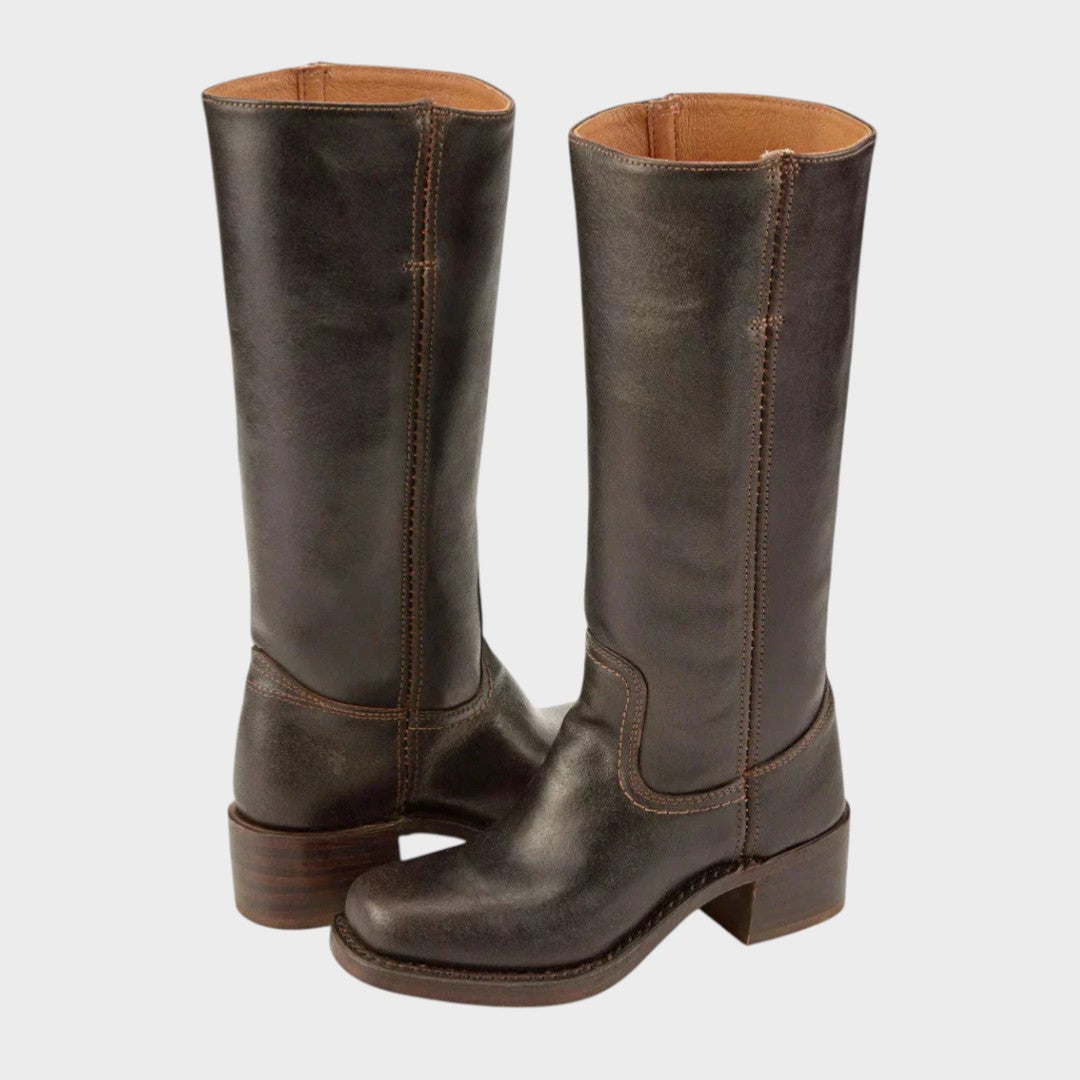 Women's Black Boots | Knee High Round Toe Block Heel Leather