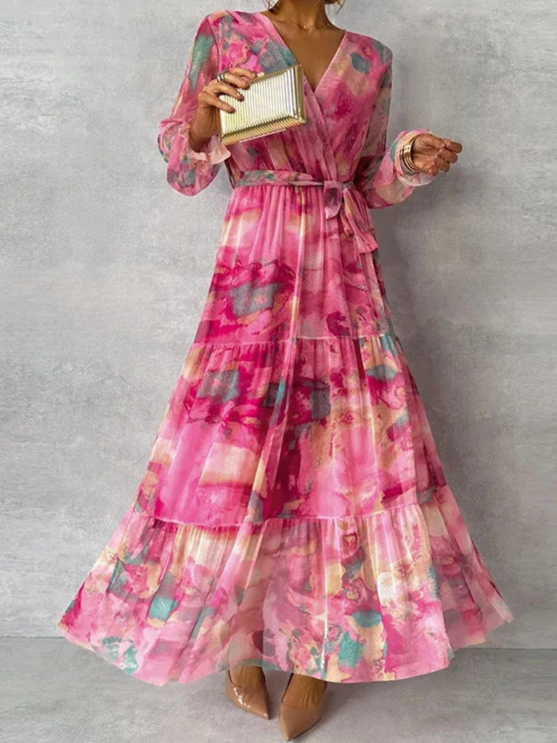 Women's Wedding Guest Dress | Maxi Wrap V Neck Long Sleeve Tiered