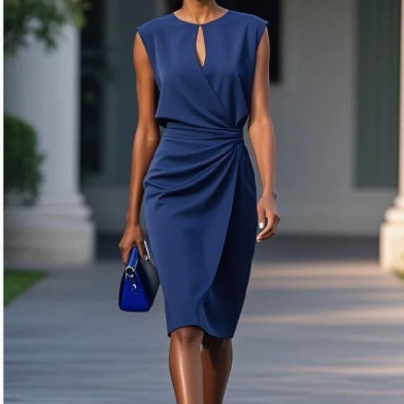 Women's Knee Length Cocktail Dress | Keyhole Wrap Draped Sleeveless