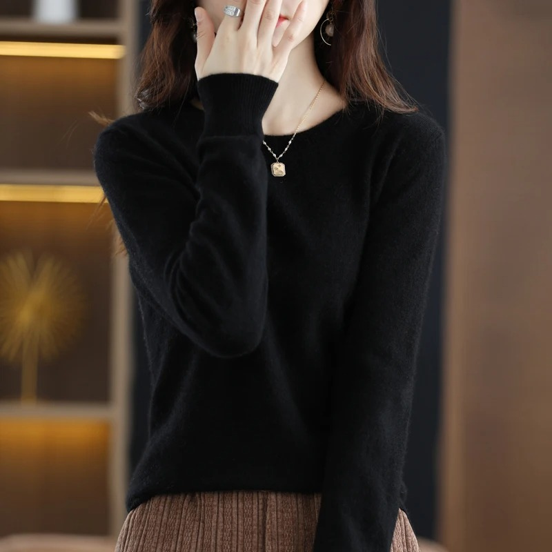 Women's Cashmere Sweater | Crew Neck Long Sleeve Ribbed Hem Knit