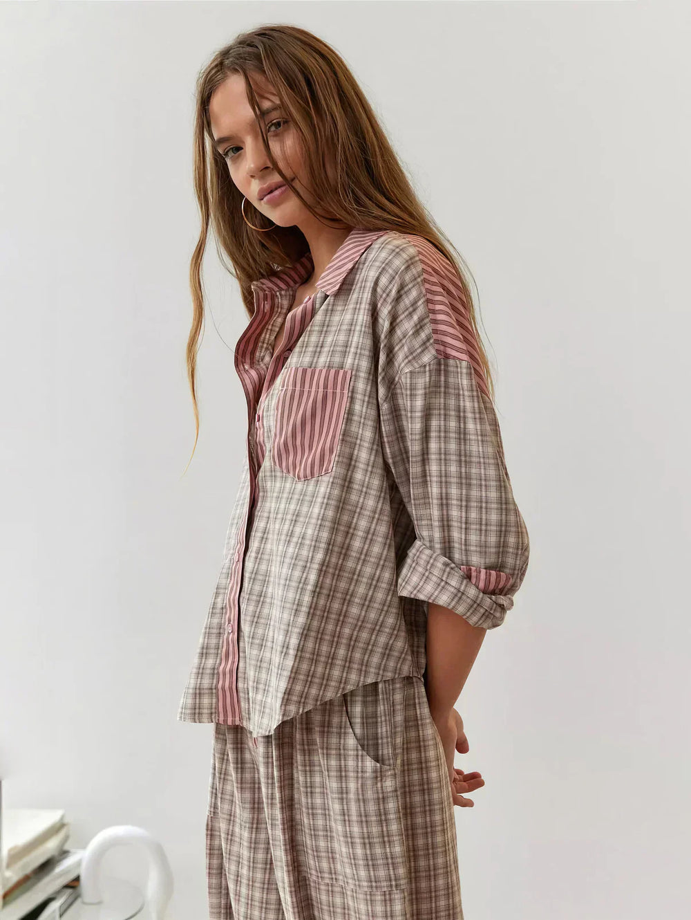 Women's PJ Pants | Button-Up Shirt Relaxed Fit Plaid Long Sleeve