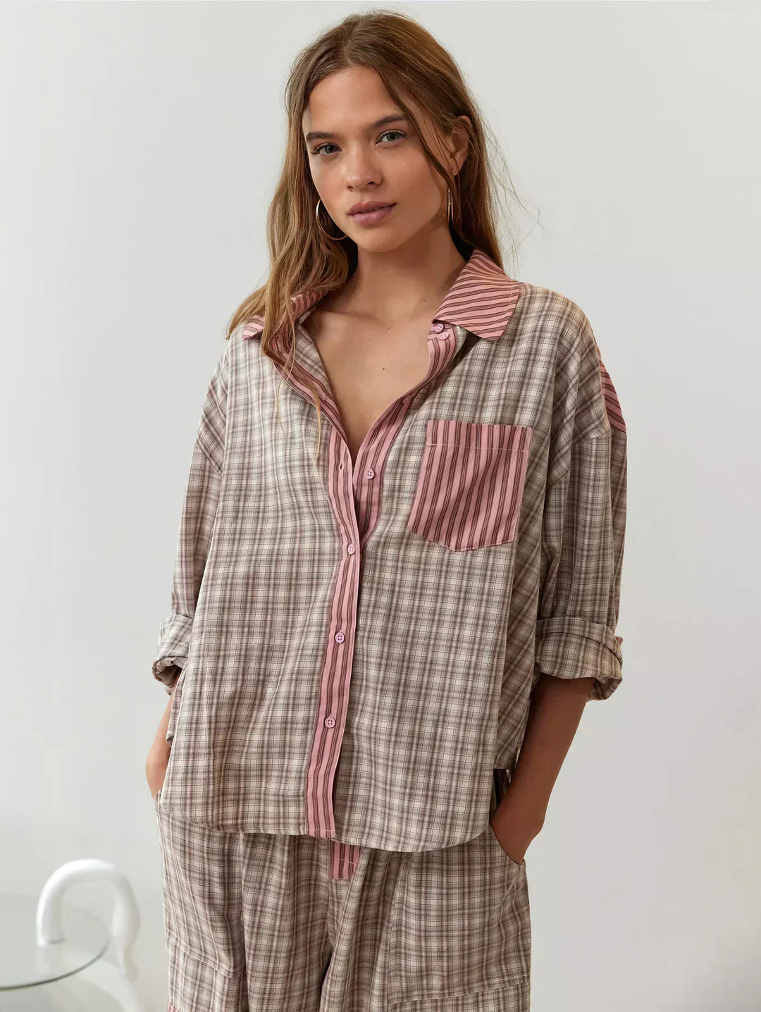 Women's PJ Pants | Button-Up Shirt Relaxed Fit Plaid Long Sleeve