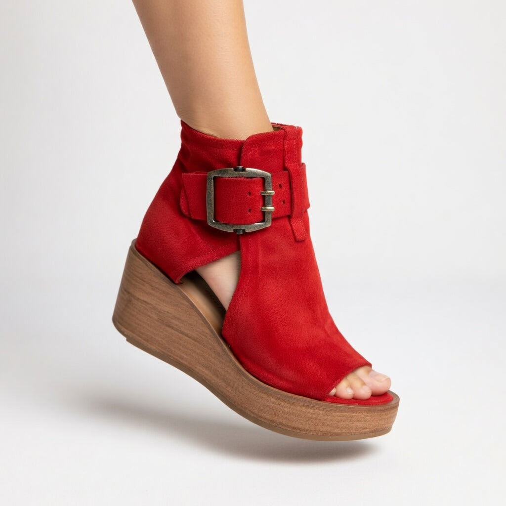 Women's Boots | Open Toe Wedge Heel Buckle Suede Cutout