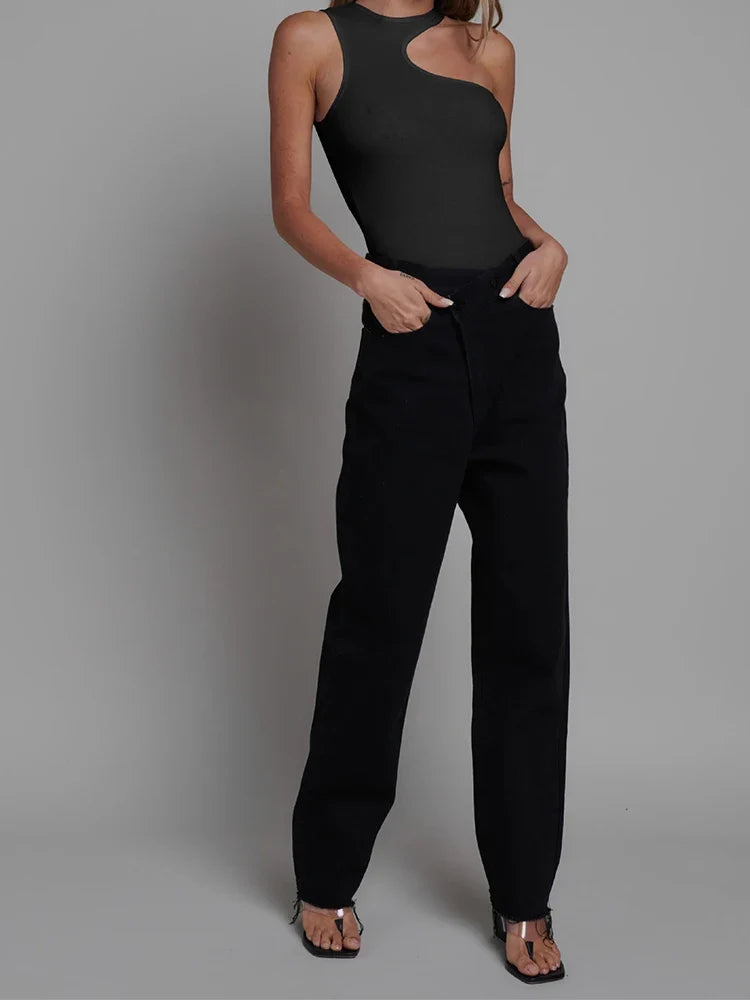 Women's Black Bodysuit | Cutout Sleeveless Ribbed Knit Fitted