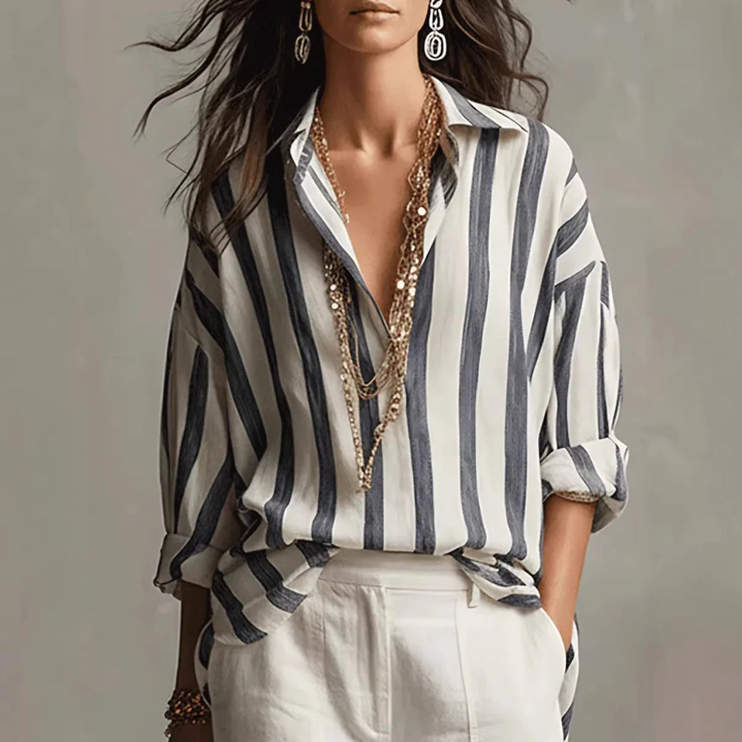 Women's Long Sleeve Shirt | Striped Collared Loose Fit Linen