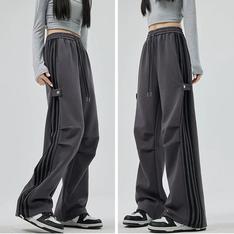 Women's Wide Leg Sweats | Elastic Waist Drawstring Side Stripe Pockets