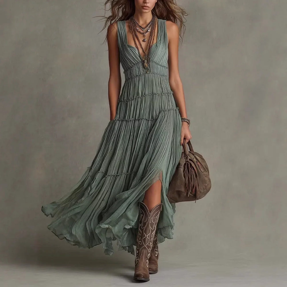 Women's Holiday Dress | Maxi V-Neck Sleeveless Tiered