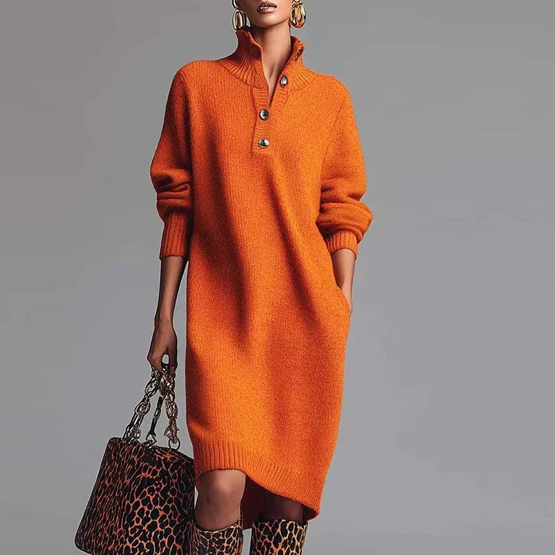 Women's Sweater Dress | Midi Length V Neck Button Front Knit