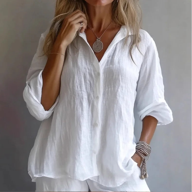 Women's White Dress Shirt | V-Neck Three-Quarter Sleeve Linen Button