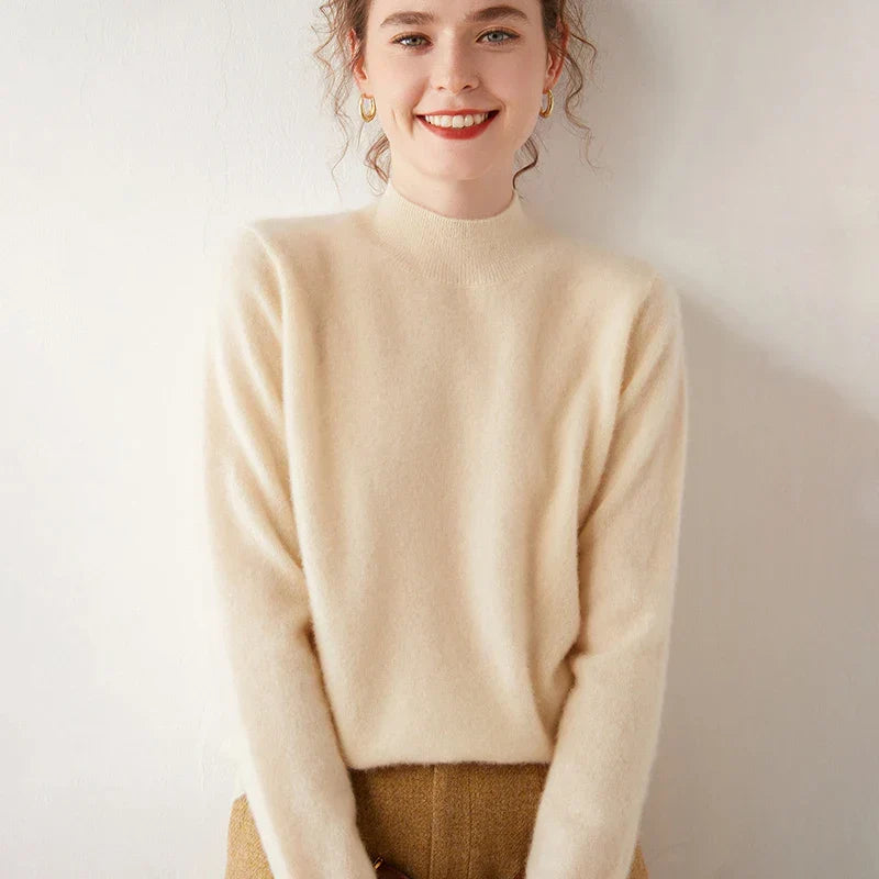 Women's Cashmere Sweater | Mock Neck Long Sleeve Knit Fitted