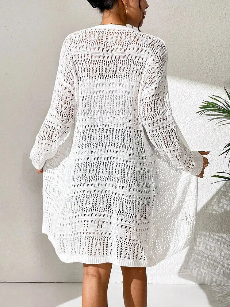 Women's Long Cardigan | Three Quarter Sleeve Open Knit Crochet